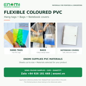 Flexible coloured PVC for hang tags, bags and notebook covers. Text in the reference photograph translated into English; ENOMI branding.