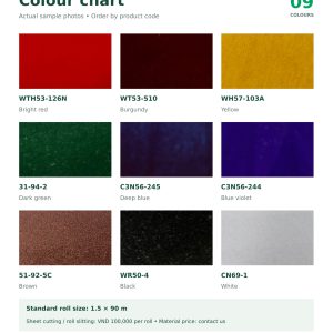 English chart of nine self-adhesive velvet colours with ENOMI ordering codes and contact details.