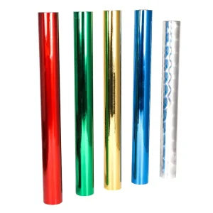 Red, green, gold, blue and silver foil rolls illustrating foils for plastic applications